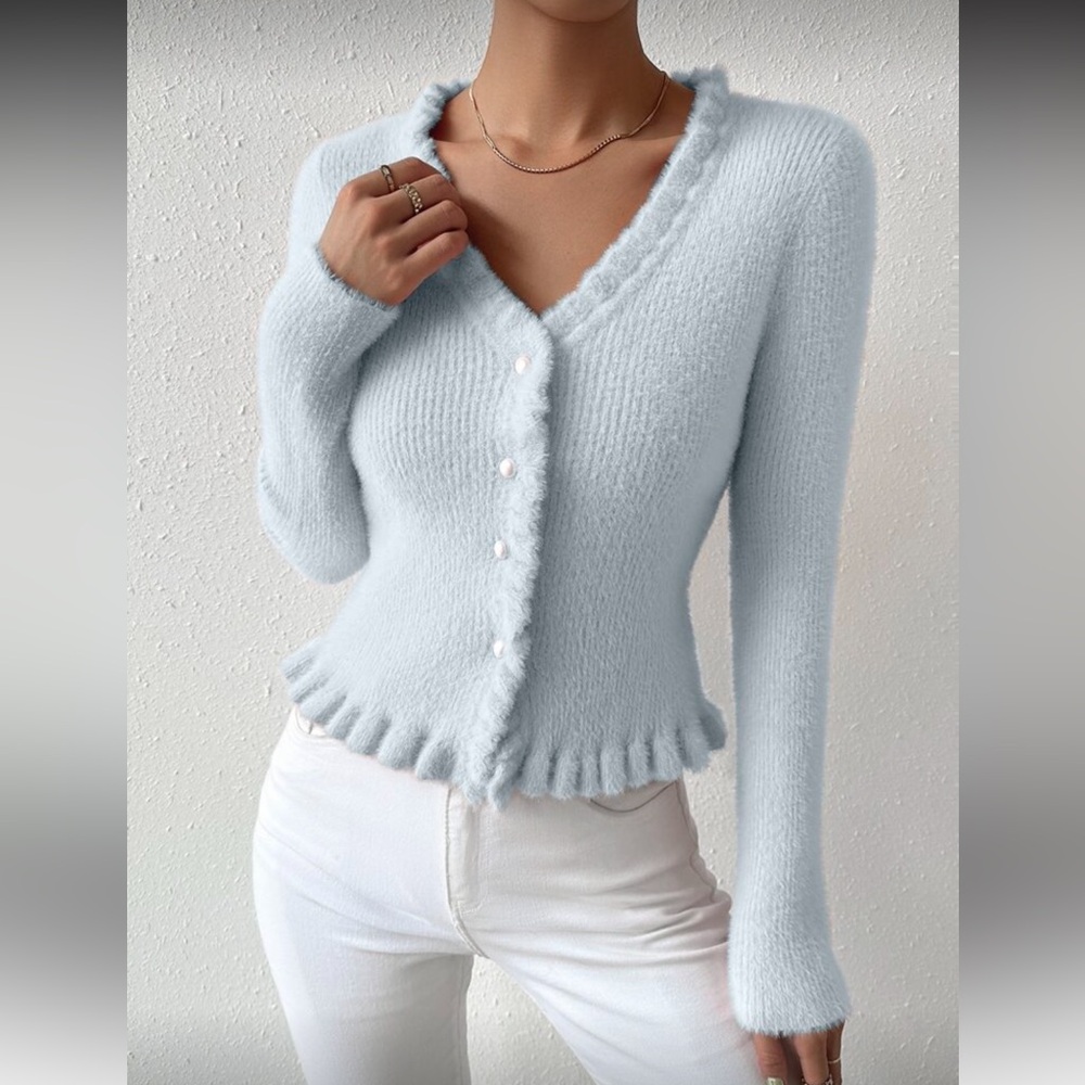 Soft Knit V-Neck Cardigan - Light Blue - Picture 6 of 7